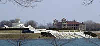 The Belle Isle Casino is in the background of a dry James Scott Memorial Fountain