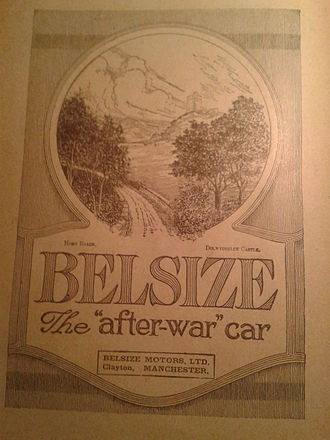 Full page advertisement for Belsize cars, appearing in the 7th edition of "The Autocar Handbook" (London) published during World War I, c. 1917. There is no vehicle visible, only an empty road! Belsize Motors, Ltd. Advertisement.jpg