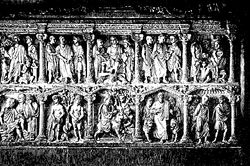 Engraving of the Sarcophagus of Junius Bassus. Bildhuggarkonst, Junius Bassus sarkofag, Nordisk familjebok.png