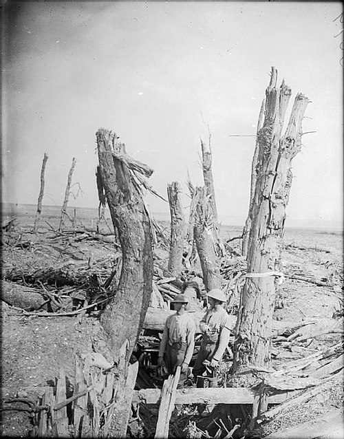 British soldiers in a wrecked German trench at Ginchy, 1916.