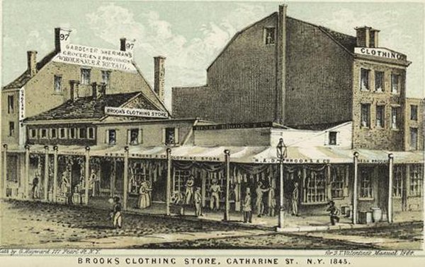 The first Brooks clothier store, at Catharine Street in Manhattan, 1845