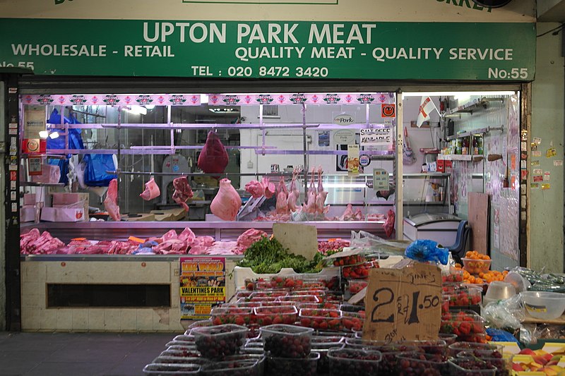 File:Butchers and fruit stall at Queen's Market.jpg