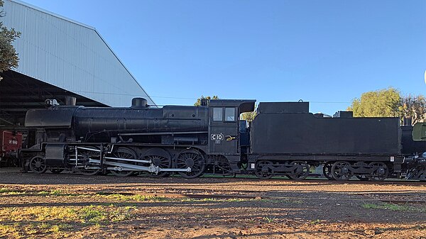 Victorian Railways C class 2-8-0 locomotive No. C 10, as preserved at the Newport Railway Museum, and shows the final configuration of the class with 