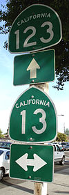 Route shield signs at the intersection of SR 123 and SR 13 in Berkeley CA123-CA13.jpg