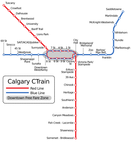 Calgary Light Rail System Map CTrain Route Map without GL (schematic).svg