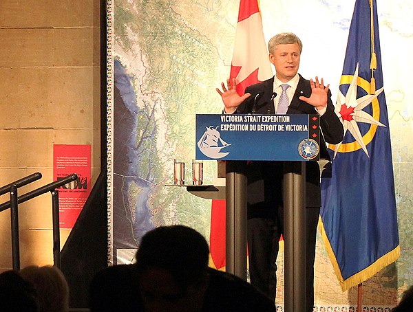 Harper appearing at a gala at the Royal Ontario Museum in Toronto to celebrate the discovery of HMS Erebus, one of two ships wrecked during John Frank