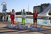 Deutsch: Kanusport bei den Olympischen Jugendspielen 2018; Tag 10, 16. Oktober 2018; Finale Jungen Einer-Kajak-Slalom: Lan Tominc (Slowenien, Gold) - Guan Changheng (China, Silber) - Tom Bouchardon (Frankreich, Bronze) English: Canoeing at the 2018 Summer Youth Olympics at 16 October 2018 – Boys' K1 slalom Gold Medal Race: Lan Tominc (Slovenia, gold) - Guan Changheng (China, silver) - Tom Bouchardon (France, bronze)