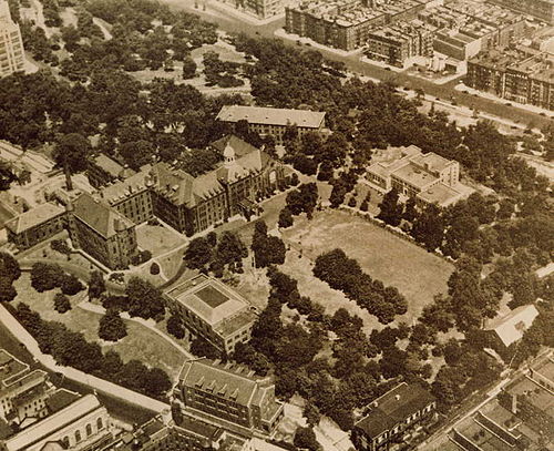 An aerial photo of the former campus of the Manhattanville College of the Sacred Heart in the Manhattanville section of northwestern Manhattan in New York City, taken from the south looking northeast.