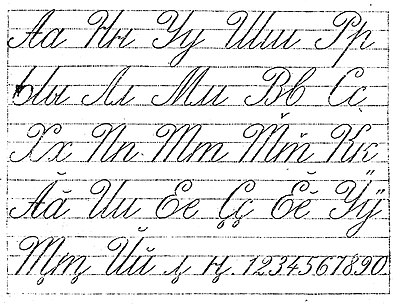 Alphabet tchouvache de 1873 en écriture cursive.