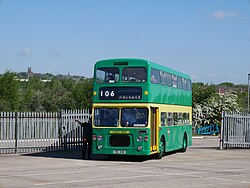 Preserved Cleveland Transit H106, a 1977 Northern Counties-bodied Bristol VRT, is seen here pulling into the South Yorkshire Transport Museum's car park for a bus rally held in the museum.