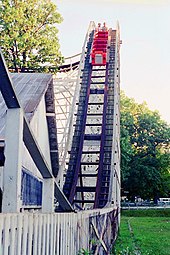 First Hill drop of the Roller Coaster at Lake Lansing Amusement Park (1972) shortly before demolition Coaster Hill.jpg