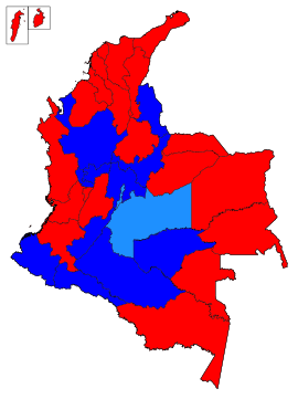 First round results by Department
Won by Horacio Serpa
Won by Andres Pastrana
Won by Noemi Sanin Colombian Presidential Election First Round Results, 1998.svg
