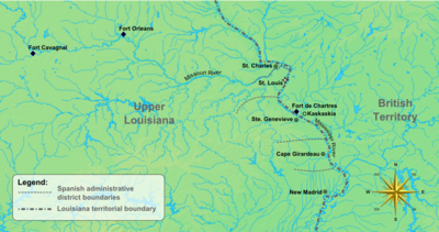 Map of early Missouri settlements and trading posts ColonialMissouriCa1795.png