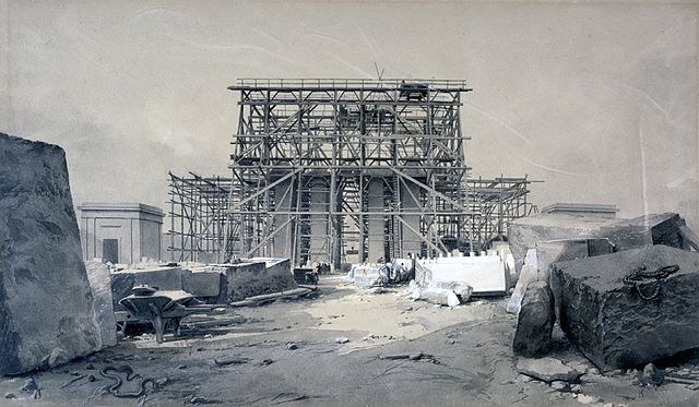 Construction of the Euston Arch, London, January 1838, by John Cooke Bourne; reminiscent of David Roberts' drawings of ancient Egypt.