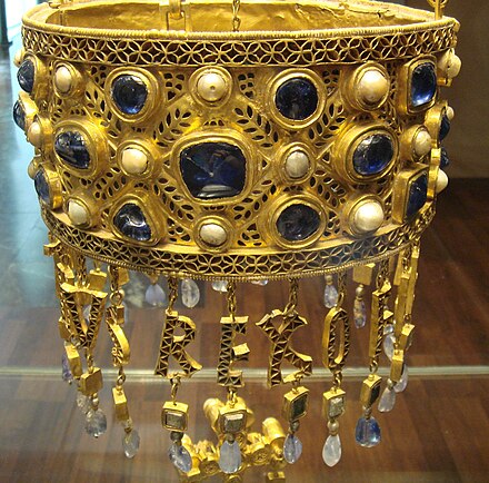 Detail of a votive crown from Visigothic Spain, before 672. Part of the Treasure of Guarrazar.