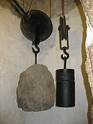 The clock weights. The going train weight on the left, striking train weight on the right. Cotehele clock 05.jpg