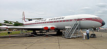 Comet 4 G-APDB outdoors at the Imperial War Museum Duxford in Cambridgeshire; this aircraft was later painted in BOAC's livery and placed inside the museum's AirSpace hall.