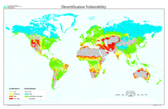 A color-coded map of the world indicating the extent of desertification in areas.