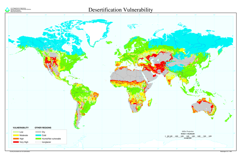 U.S. Department of Agriculture map from 1998 showing global desertification vulnerability