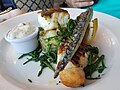 Dinner at the Greenbank Hotel, Falmouth, Cornwall - Seafood grill, monkfish, cod, mackerel, scallop; seaweed tartare, crushed new potato, samphire, charred lemon (41974433594).jpg