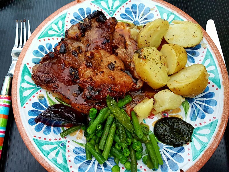 File:Dinner on Tuesday Lamb chops, sauted new potatoes, peas and beans with redcurrant jelly and mint sauce - cooked in the tent on a Campingaz Chef Folding Double Burner Stove and Grill (46940947225).jpg