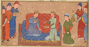 Painting of two men wearing crowns on a couch, with three men on either side looking at them