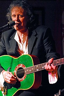 Yeşil gitar çalan ve şarkı söyleyen bir adam.