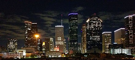 Many buildings in the skyline of Downtown Houston participated in cheering for the Astros during the 2017 World Series.
