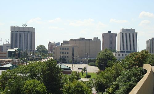 The downtown Newport News skyline as seen from 26th Street and I-664 overpass in August 2013