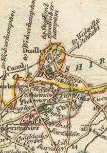 Map of Shropshire (Detached) marked as blue, in the early 19th century. In the Middle Ages Dudley was part of Staffordshire. DudleyTraditionalDetail.jpg