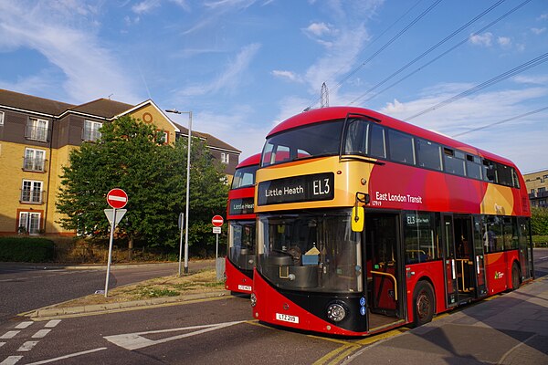 Two EL3 buses at the Mallards Road terminus in Barking Riverside