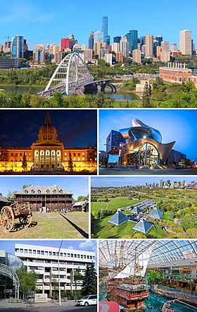 De cima, da esquerda para a direita: Centro de Edmonton, Assembleia Legislativa de Alberta, Galeria de Arte de Alberta, Fort Edmonton Park, Muttart Conservatory, Tribunal, West Edmonton Mall.