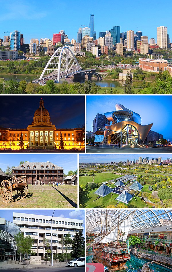 From top, left to right: Walterdale Bridge and Downtown Edmonton skyline, Legislature Building, Art Gallery of Alberta, Fort Edmonton Park, Muttart Co