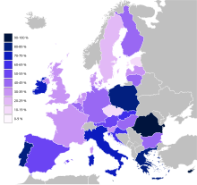 Europeans polled who "believe in a god", according to Eurobarometer in 2005 Europe belief in God.svg