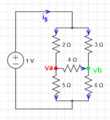 remove middle part from circuit, inject source of 1 volt, find source current and compute the equivalent resistance