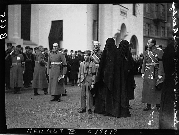 11-year-old King Peter II, Dowager Queen Maria and Prince Paul (right) at King Alexander's funeral in 1934 in Belgrade