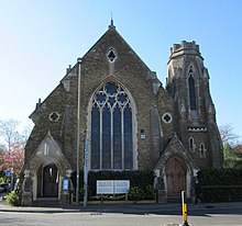 The tower (right) lost its spire c. 1969. Former Godalming Congregational Church, Bridge Road, Godalming (April 2015) (4).JPG