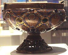 French Limoges enamel ciborium with rim engraved with Arabic script and Islamic-inspired diamond-shaped patterns, Limoges, France, 1215-30. British Museum French ciborium with rim engraved with Arabic script and Islamic inspired diamond shaped pattern Limoges France 1215 1230.jpg