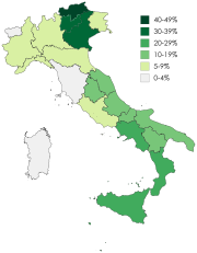 Frequency of use of regional languages in Italy, based on ISTAT data from 2015 Frequency of Dialect Use in Italy (2015).svg