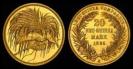 1895 20 mark gold coin issued by the German New Guinea Company German New Guinea 1895-A 20 Mark.jpg