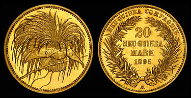 1895 20 Mark gold coin issued by the German New Guinea Company. German New Guinea 1895-A 20 Mark.jpg
