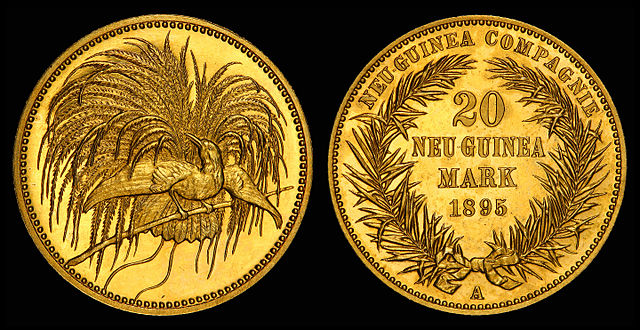 1895 20 mark gold coin issued by the German New Guinea Company