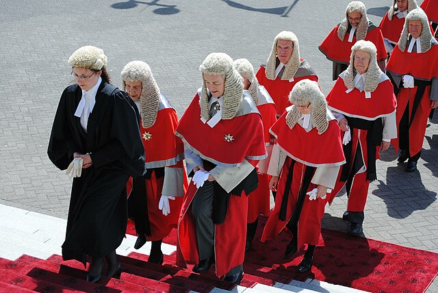 Senior members of the judiciary, led by the Chief Justice Sian Elias (second from left), at the State Opening of Parliament
