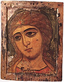 12th-century icon of Archangel Gabriel from Novgorod, called The Angel with Golden Hair, currently exhibited in the State Russian Museum. Goldenlocks.jpg