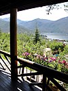 The view of Grand Lake from the Grand Lake Lodge porch. Built in 1919, the lodge is a classic example of Victorian stick architecture.