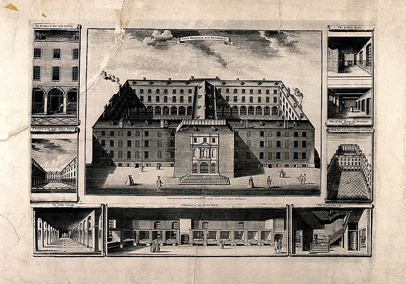 File:Guy's Hospital, Southwark; an aerial view, with smaller scen Wellcome V0013695.jpg