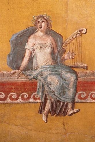1st-century Roman wall painting of a harpist with arched harp