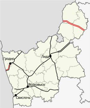Железные дороги в Гродненской области. Электрифицированные участки выделены красным, подписаны важнейшие станции.