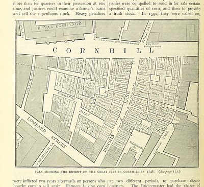 Plan showing the extent of the Great Fire in Cornhill in 1748