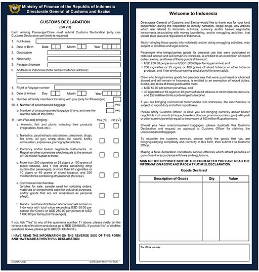 Indonesian custom declaration form (BC 2.2) in English